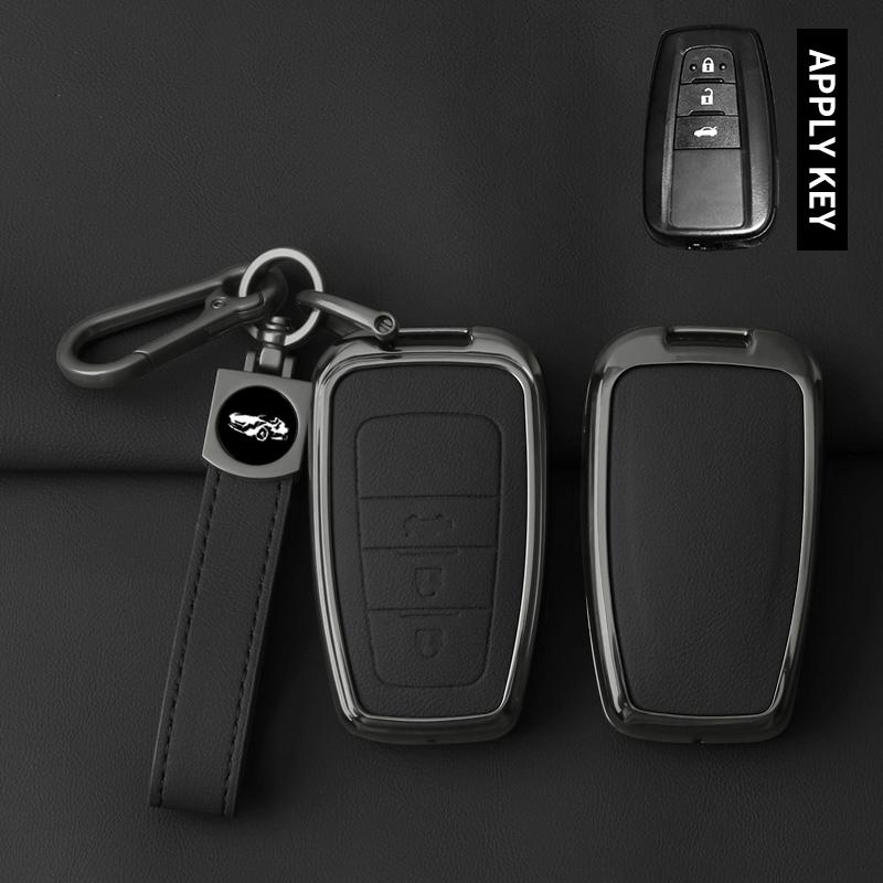 Metal Leather Car Key Case Cover For Toyota Prius Camry Corolla CHR C-HR RAV4 Land Cruiser Prado Protected Shell Keychain Fob