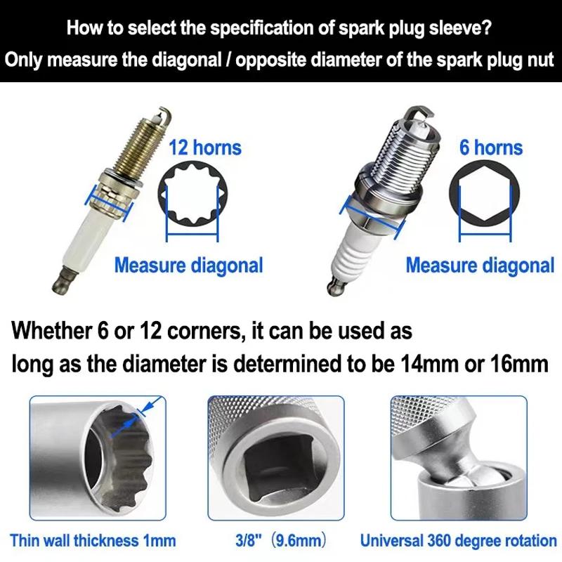 14/16mm Socket Wrench Magnetic 12 Angle Repairing Removal Tool Thin Wall 3/8" Drive Sockets for Spark Plug