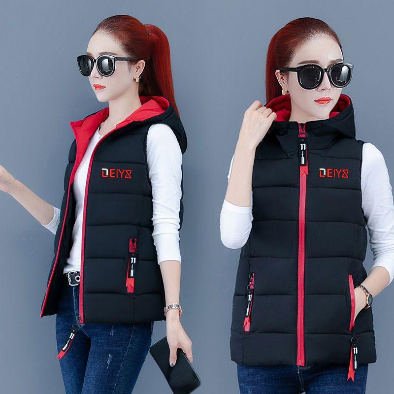 

Winter Women s Fashion Contrast Color Hooded Sleeveless Cotton Vest Short Warm Korean Comfortable and Versatile Kam Shoulder Top L чорний