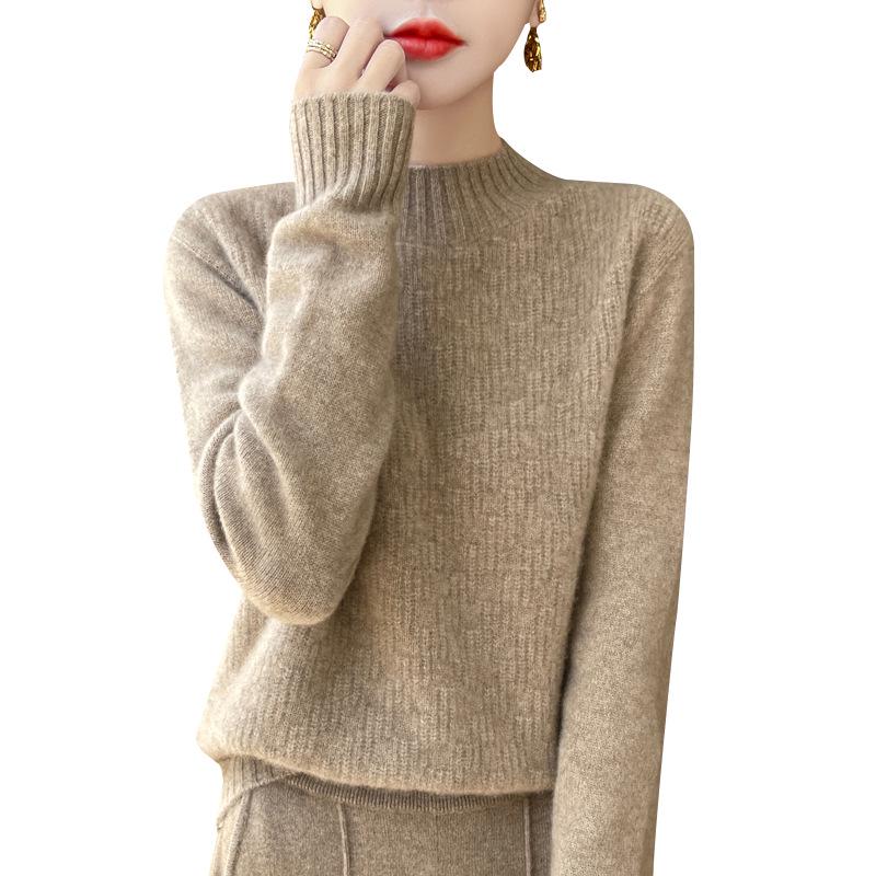 Women's Pure Wool Thickened Half-High Collar Sweater - Loose, Slimming Long Sleeve Warm Pullover