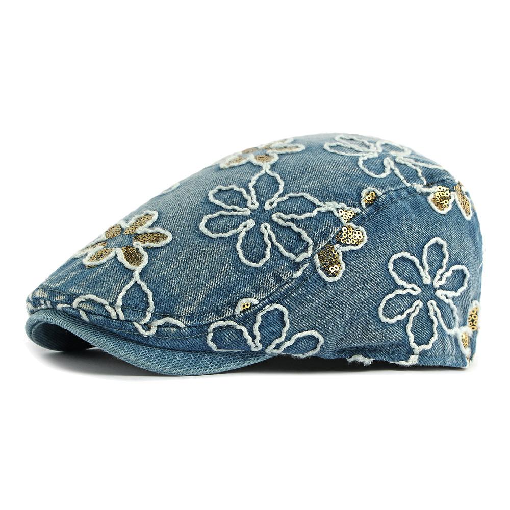 Denim Pailletten Blume Baskenmütze Damen Britisch Vintage Schirmmütze Bemalte Mütze