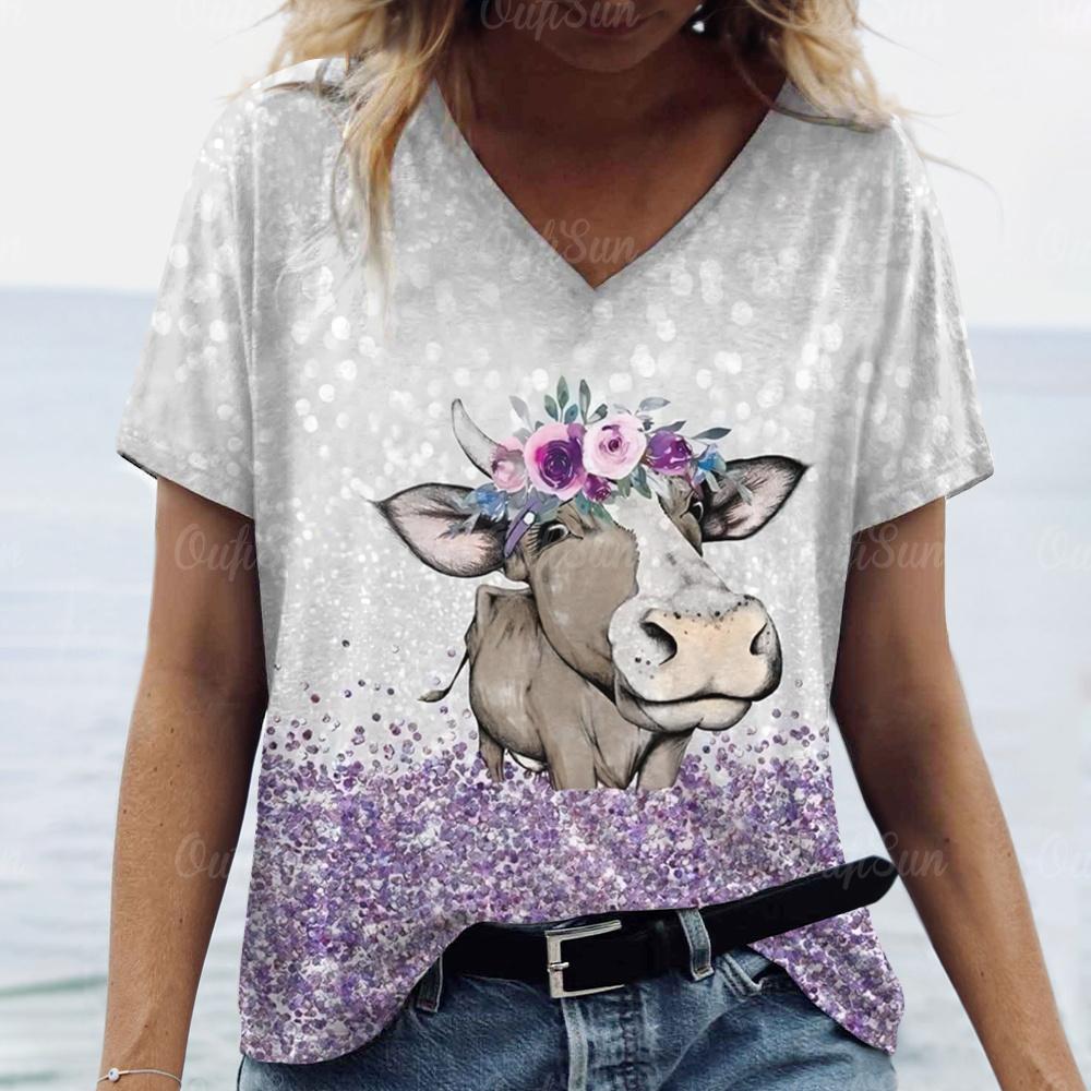 Sommer T-skjorte for kvinner Y2k-stil kortermede topper Anime Cow Print Dameklær Dame Løs bluse V-hals Mote Streetwear