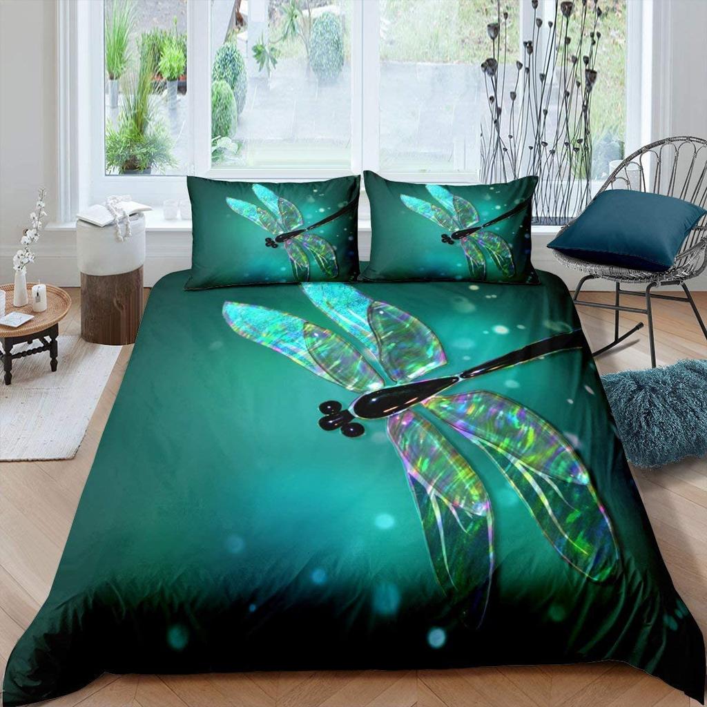 Dragonfly Duvet Cover Set King Queen Full Size Polyester Comforter Cover Watercolour Style For Kids Teens Adults With Pillowcase
