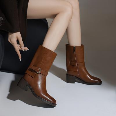 Concise Women Mid-Calf Boots Office Lady Working Genuine Leather Shoes Woman Round Toe Thin Heels Mature 2025 New Autumn Winter