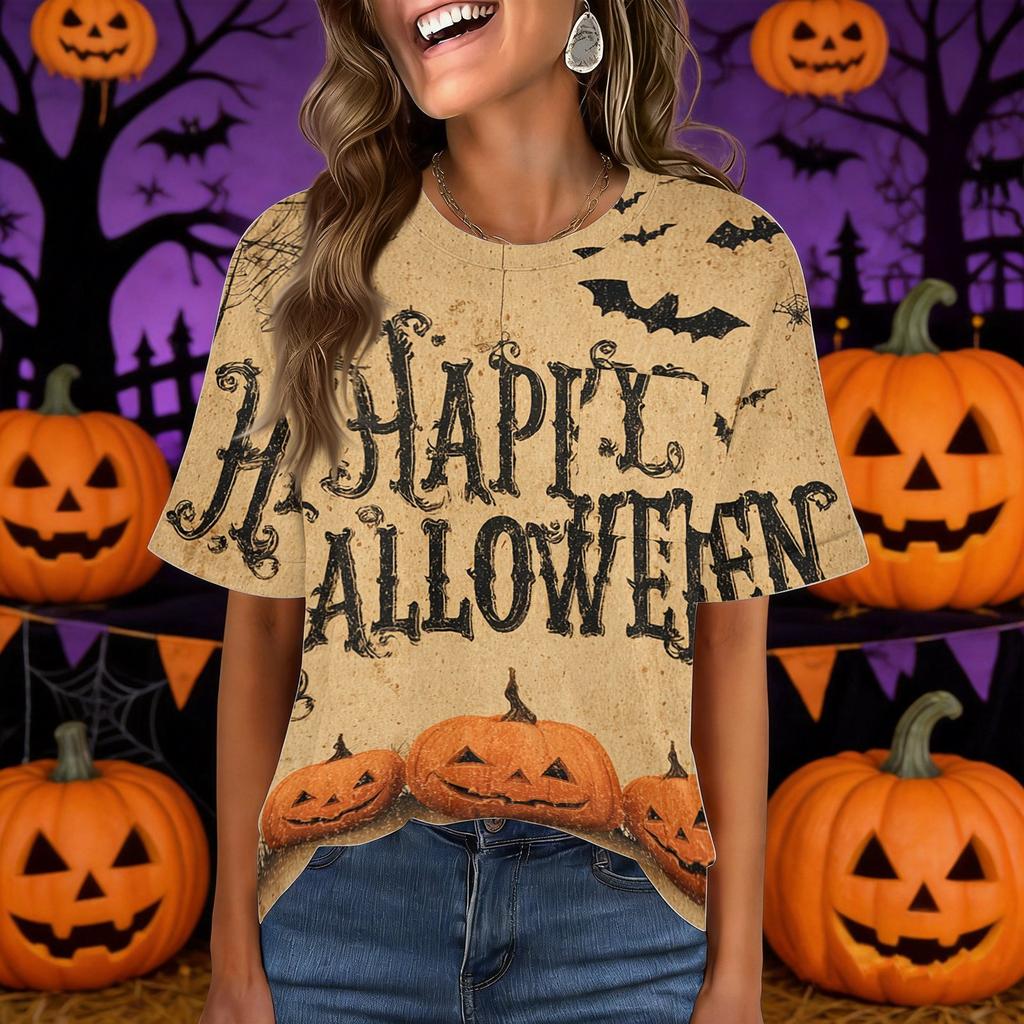 Women's Casual Short Sleeve Pullover Top Halloween Print Round Neck Pocket Loose Fit Lightweight Shirt for Everyday Wear