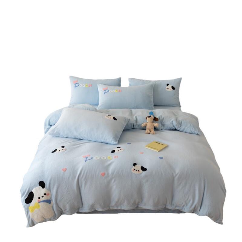 OEING Cute Dog Towel Embroidery Double-Sided Fleece Duvet Cover Set