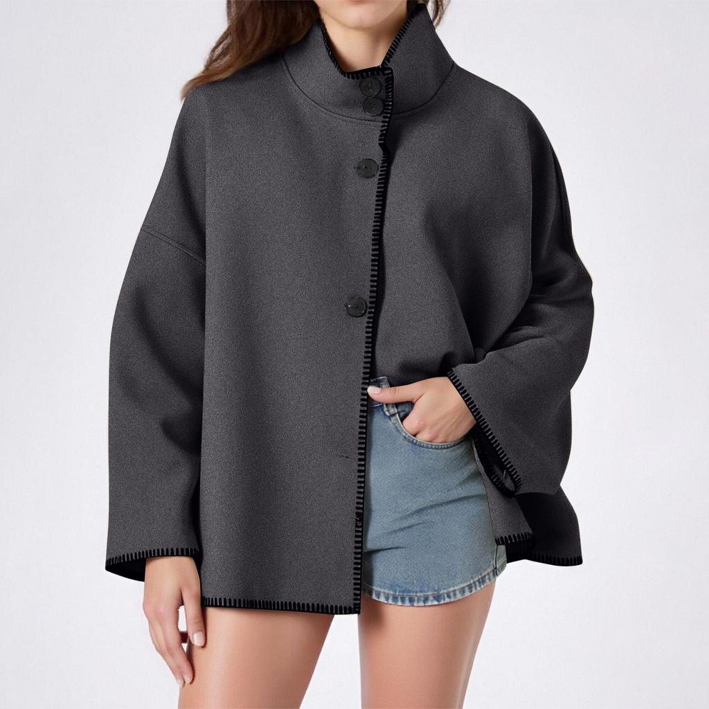 Women's Stand-up Collar Wool Coat, Loose Fit, Contrasting Stitching, Button Closure, Short Wool Blend Jacket With Pockets.