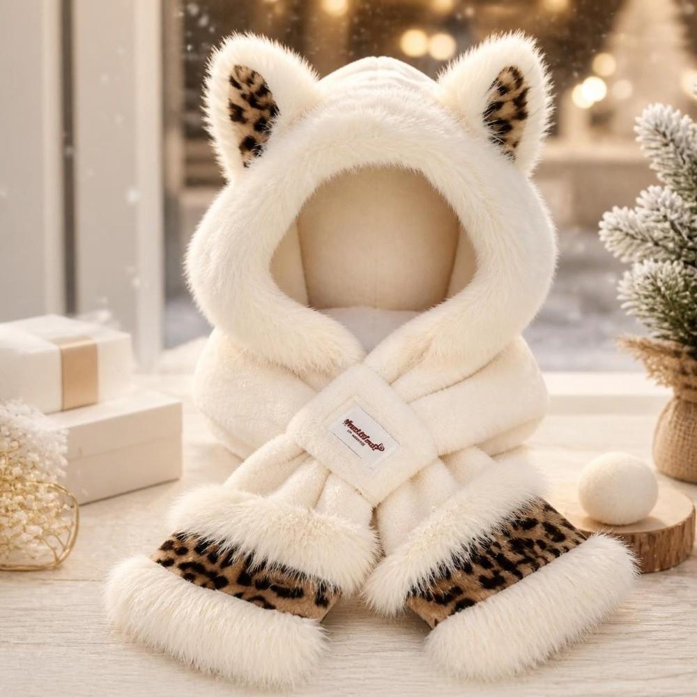 Polyester Plush Hat Scarf Set Leopard Fox Ear Hat Set Cozy Hooded Neck Warmer For Women