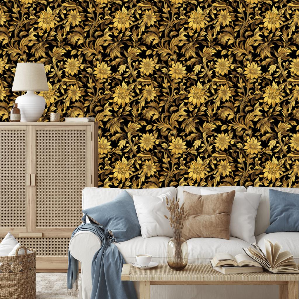 Golden Hibiscus Ochre Wallpaper, Ochre Background for Living Room and Bedroom 50x1000