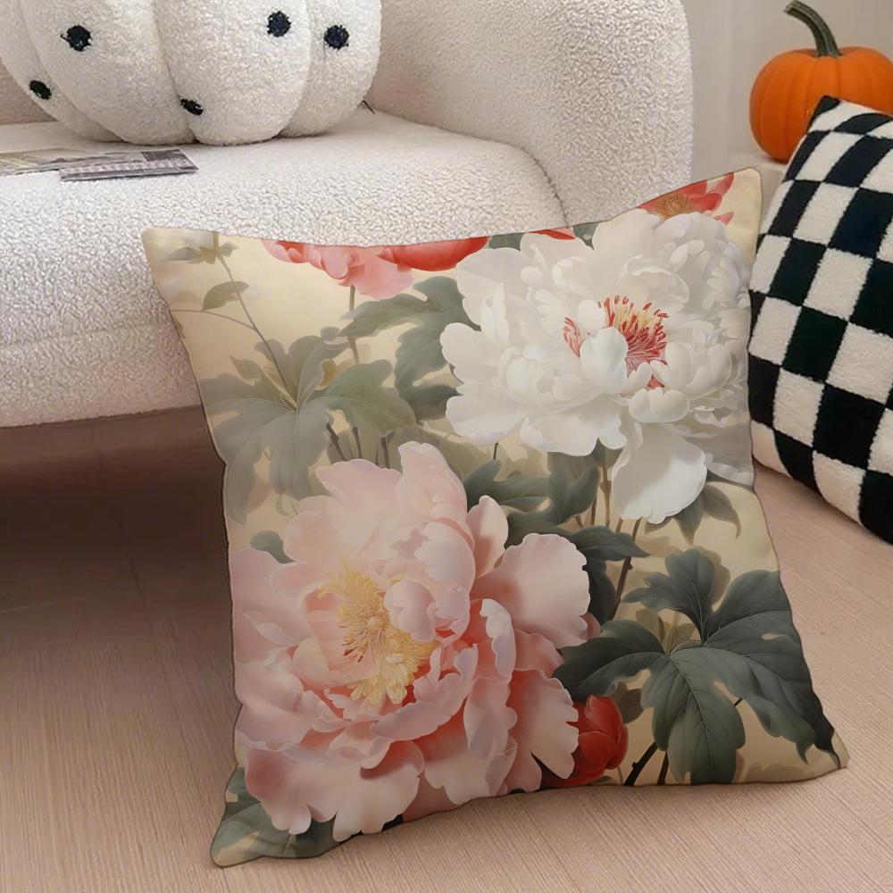 Delicate Peony Pillow Chinese Flower Decor Cushion Cover Throw Pillow Cover Hidden Button Durable Polyester Chair Cushion