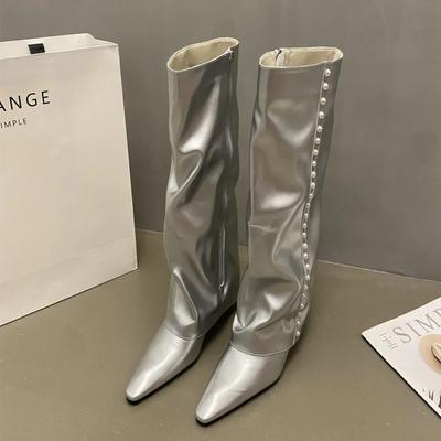Damen Winterstiefel Trend Herbst/Winter Neue Modische Hohe Stiefel mit Quadratischer Spitze und Keilabsatz Perlenstiefel Damenschuhe