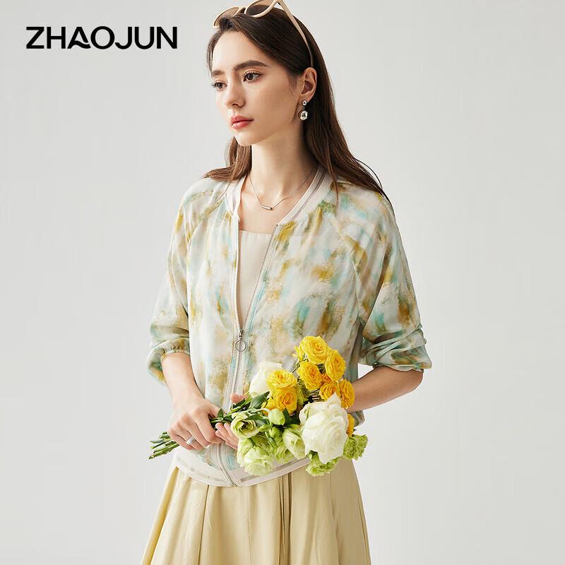 Zhaojun Women s Spring/Summer Mulberry Silk Printed Baseball Collar Jacket M