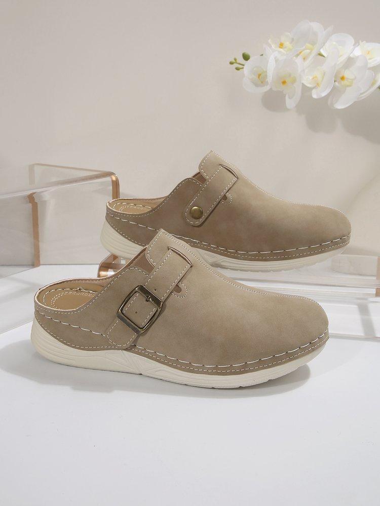 

Тапочки Baotou женские летние 2025 года, новые полутапочки Baotou, однотонные, на танкетке, с заклепками и металлической пряжкой, пляжные женские тапочки 42 хаки