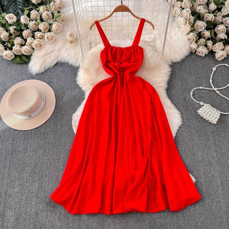 

Seaside Holiday Dress Women s Summer Inspirational Sexy Backless Waist Trimming Slim Looking A- line Large Hem Long Strap Skirt Tide Red XL