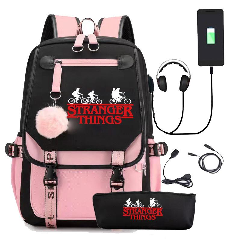 Zaino Stranger Things Stranger con Ricarica USB Borsa Scolastica per Studente di Scuola Media Astuccio Set da Due Pezzi