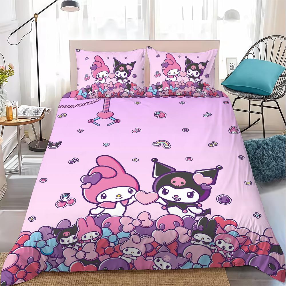 Kawaii K-Kuromi Duvet Cover Set Home Style Bedding Soft Laundry Cotton Bed 3 Piece Set Student Dormitory Gift