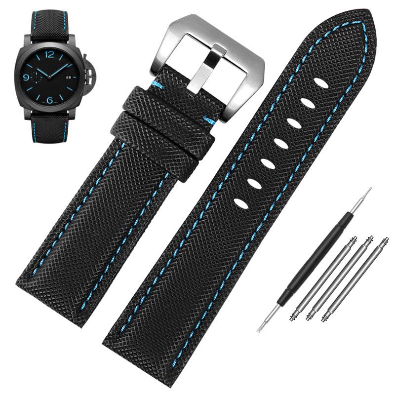 Klasyczny 24mm Pasek do Zegarka Pasujący do Panerai Luminor PAM01661 Czarny Niebieski Tkanina Nylonowa Płótno Pasek z Prawdziwej Skóry Klamra Szpilkowa