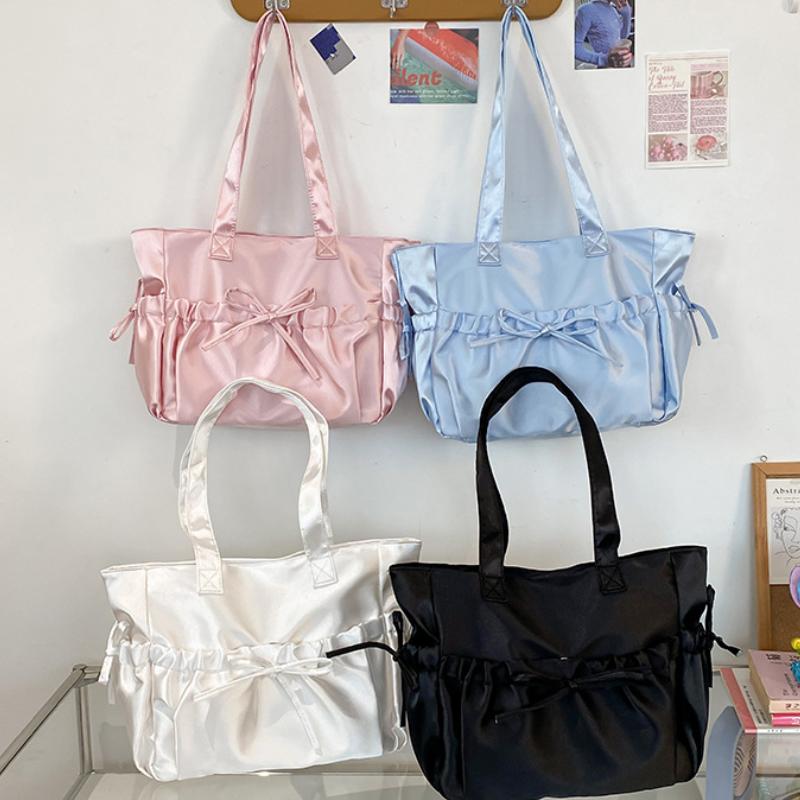 Sweet Ballet Style Girl Tote Ruched Bow Chic Student Preppy Style Shoulder Bag Large Capacity Cute Elegant Handbag