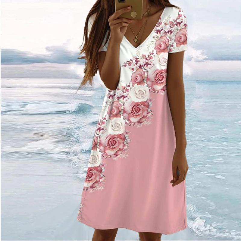 Summer Fashion Women's V Neck Short Sleeve Retro Pattern Printed  Dress Sex Short Skirt Dresses