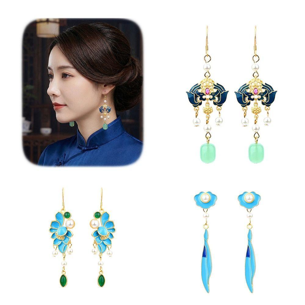 Klassische Brennende Blaue Ohrringe Quaste Imitation Perle Schmetterling Atmosphäre Stecker Ohrringe Cheongsam Zubehör