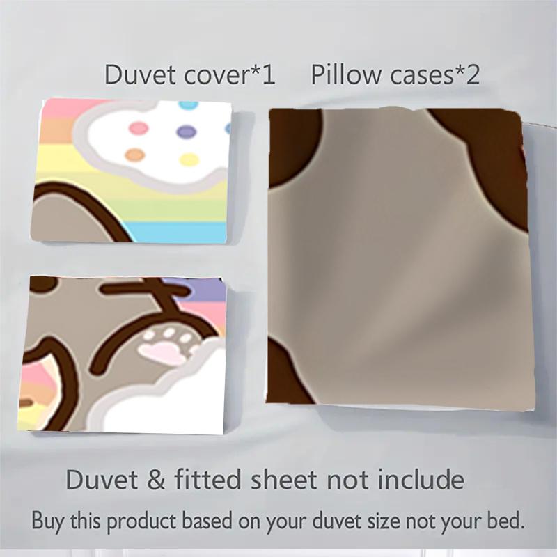 3pcs Rainbow Sprinkle Donut Pusheen Cat Bedding Set-Universal Three-Piece Suit for Bedroom, Guest Room, Living Room, Hotel Decor-Perfect Gif