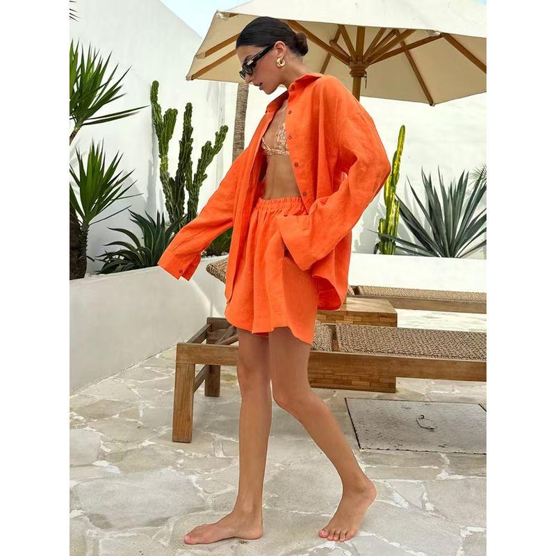 

Western Style Loose Cotton Shirt Shorts Two-Piece Loose Cotton Shirt and Shorts Set Orange S