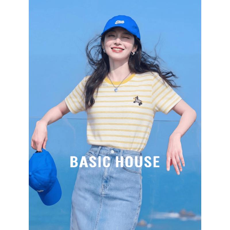 Basic House Women s Striped Cartoon Embroidered Short Sleeve T-Shirt One Size