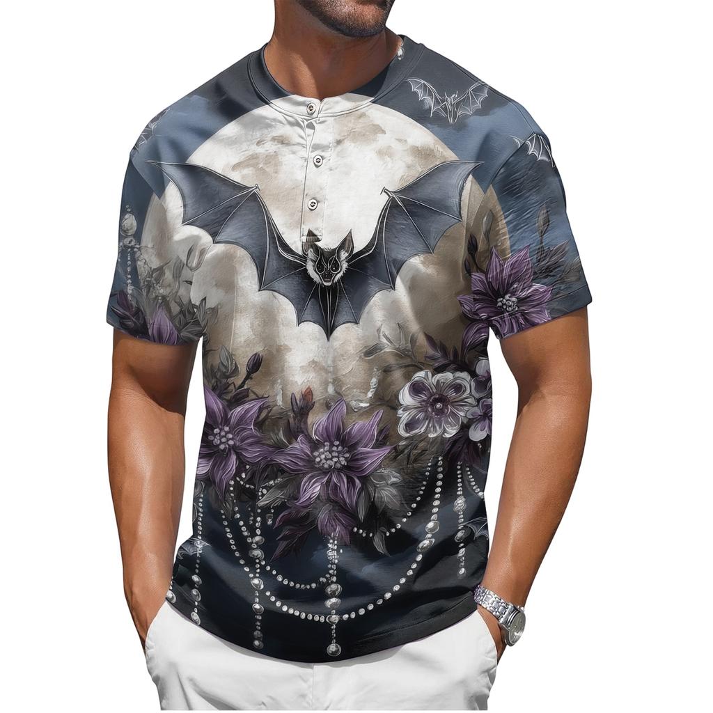 Men's Halloween Print Henley Short Sleeve Shirt Casual Lightweight Breathable Top with Button Front Design for Everyday Wear