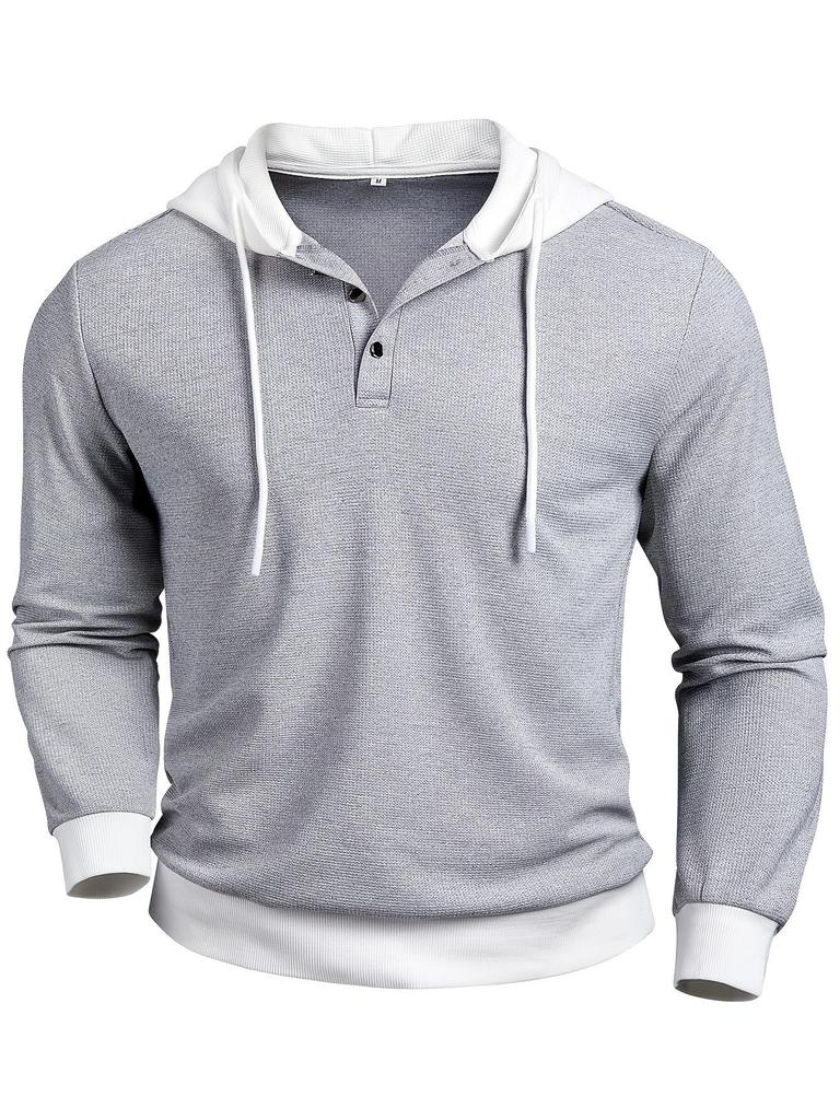 2025 Men's Color Block Waffle Knit Hooded Button-Up Hoodie – Autumn/Winter Casual Long Sleeve