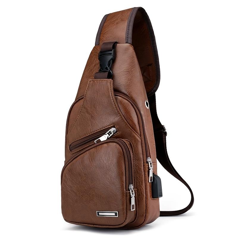 1pc Men's PU Leather Crossbody Bag, Retro Casual Large Capacity Multi-Layer Chest Bag for Daily Commute, Zipper Closure