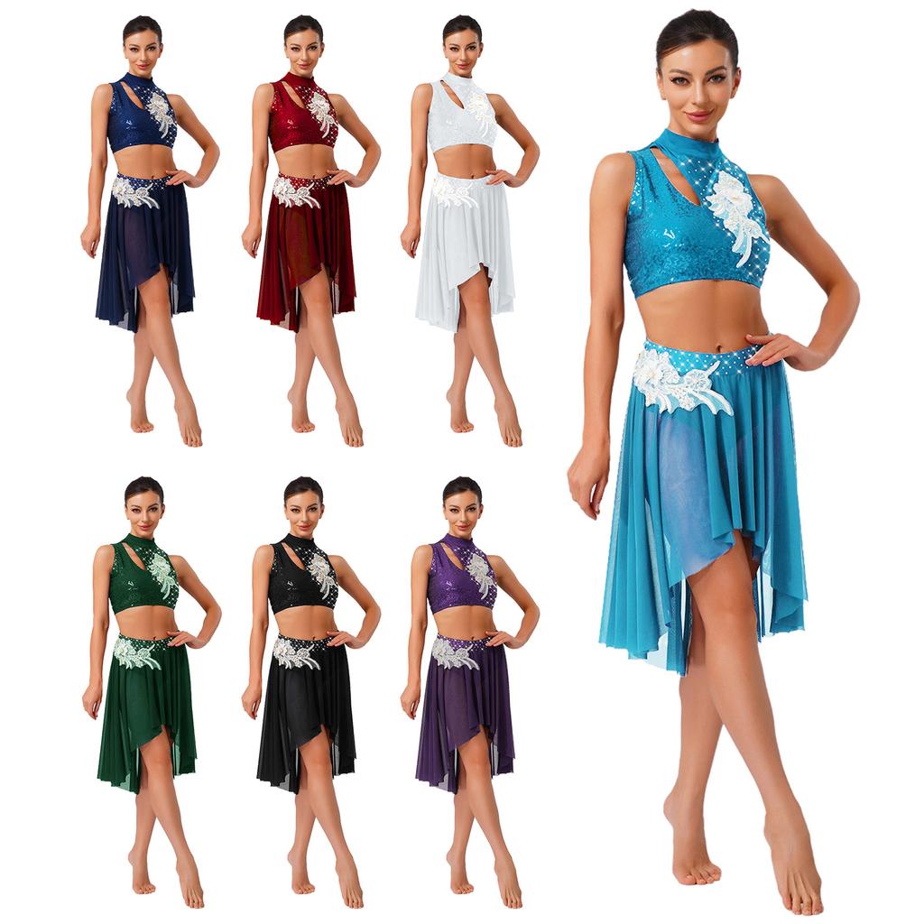 Dámské lyrické taneční oblečení Bez rukávů Vykrojený Crop Top Nepravidelný Síťovaný Lem Kalhotky Sukně Aplikace Taneční set