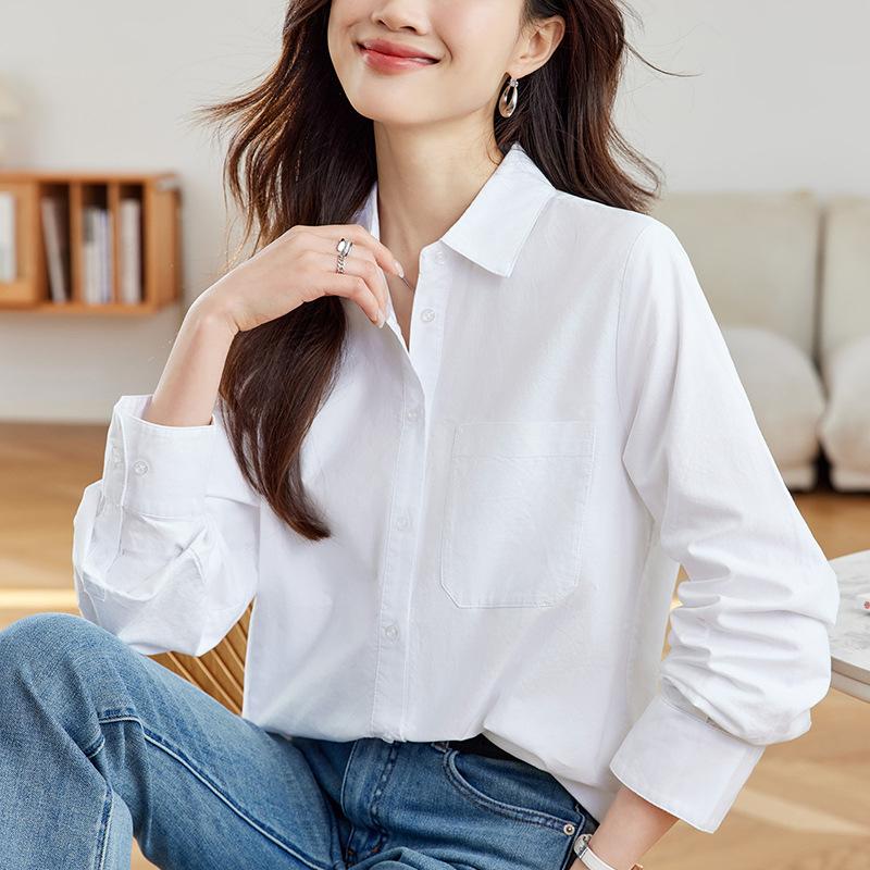 White Blouse for Womens Mid-length Spring and Autumn Updated Relaxed Fit Cotton Stylishable Everyday Blouse