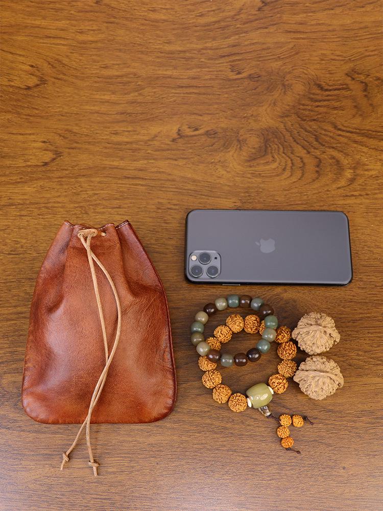 European Retro Cowhide Coin Purse: Hand-rubbed Leather Change Pouch with Drawstring