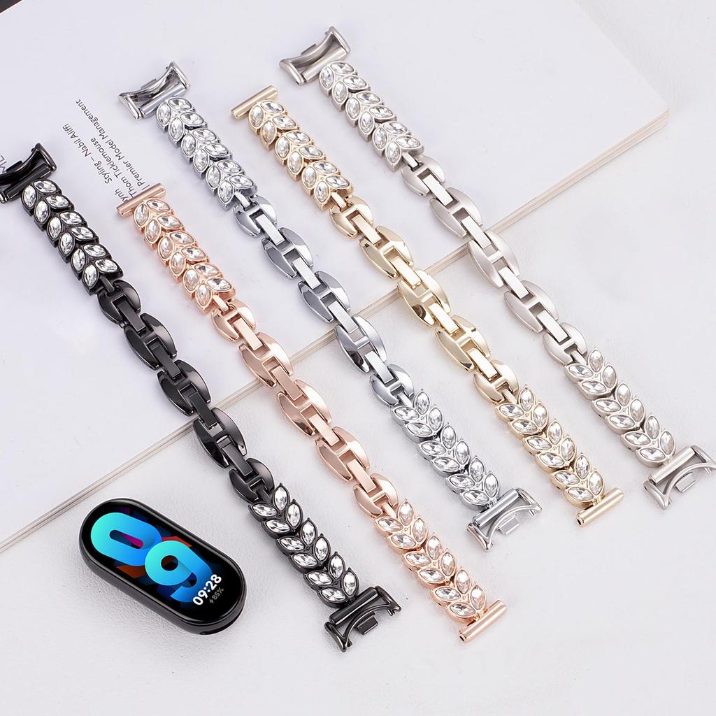 Metal Watch Strap For Xiaomi Smart Band 9 NFC/9/8 Wheat-Shaped Rhinestone Adjustable Wrist Band Replacement Bracelet