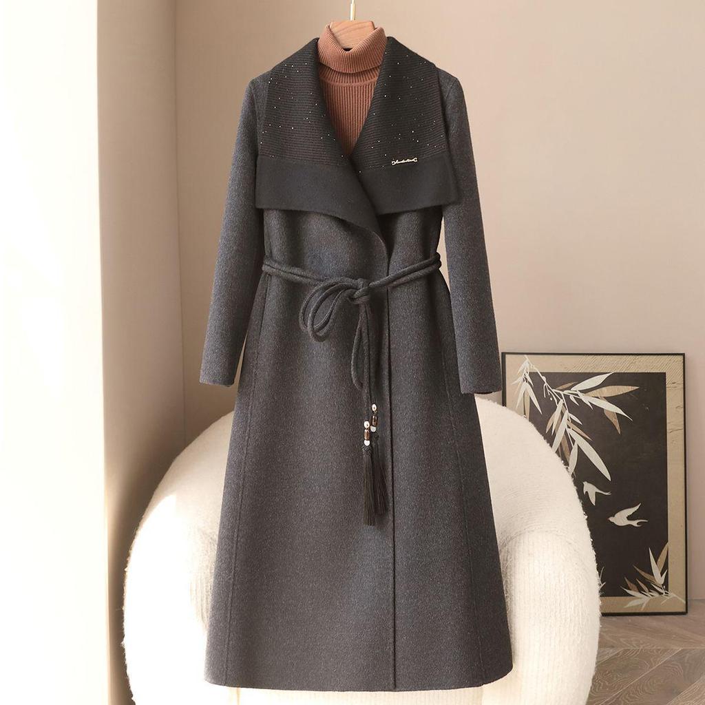 2026 Spring New Women's Double-Sided Wool Coat with Belt and Lapel.
