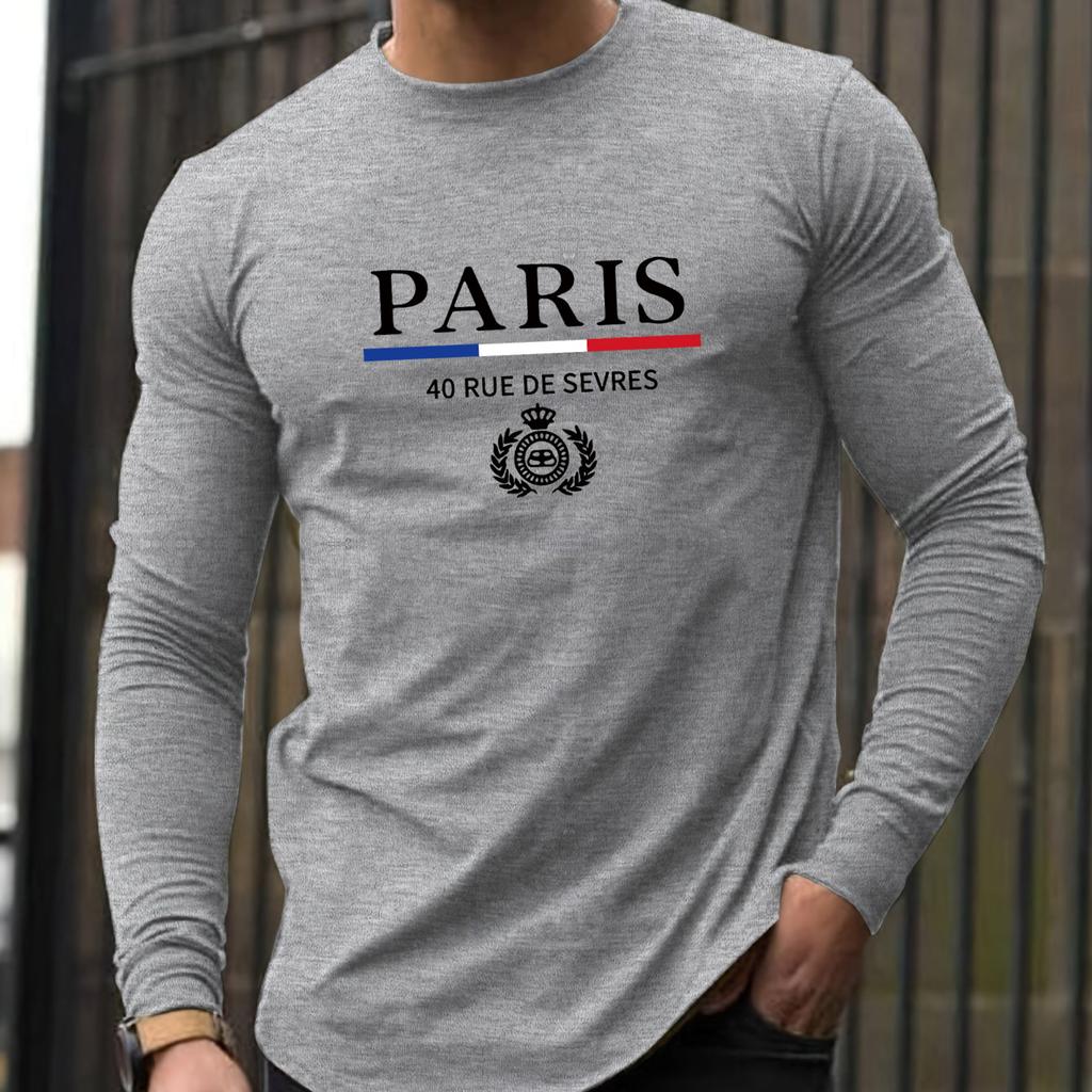 Men's Sports and Leisure Paris Pattern Printed Round Neck Long Sleeved T-shirt Top