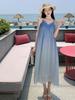 Women's French Seaside Gradient Spaghetti Strap Long Dress - Summer Sleeveless Sea Wave Style