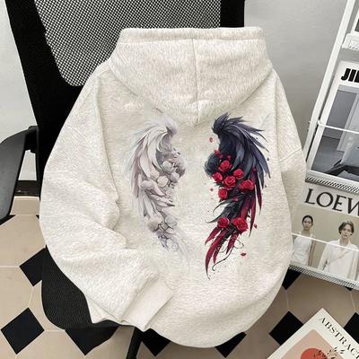 American Retro Rose Wing Print Autumn and Winter New Hooded Sweater Men's and Women's Loose Fleece Loose Hoodie