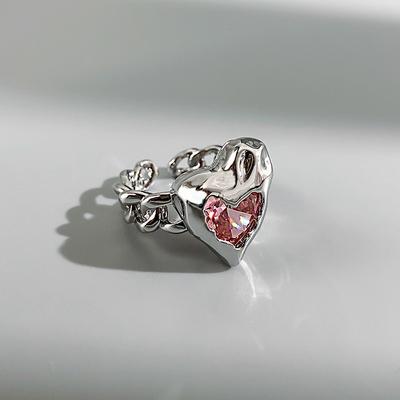 Love Inlaid Pink Gemstone Zircon Niche Design Metal Ring Personalized Fashion Hip Hop Female Ring