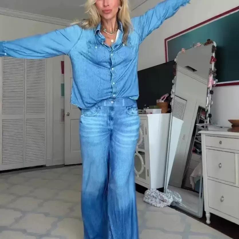 Neues modisches und lässiges Jeans-Hemd und Hosen-Set mit Print für den frühen Frühling, bequemes Set für Pendler und den täglichen Gebrauch