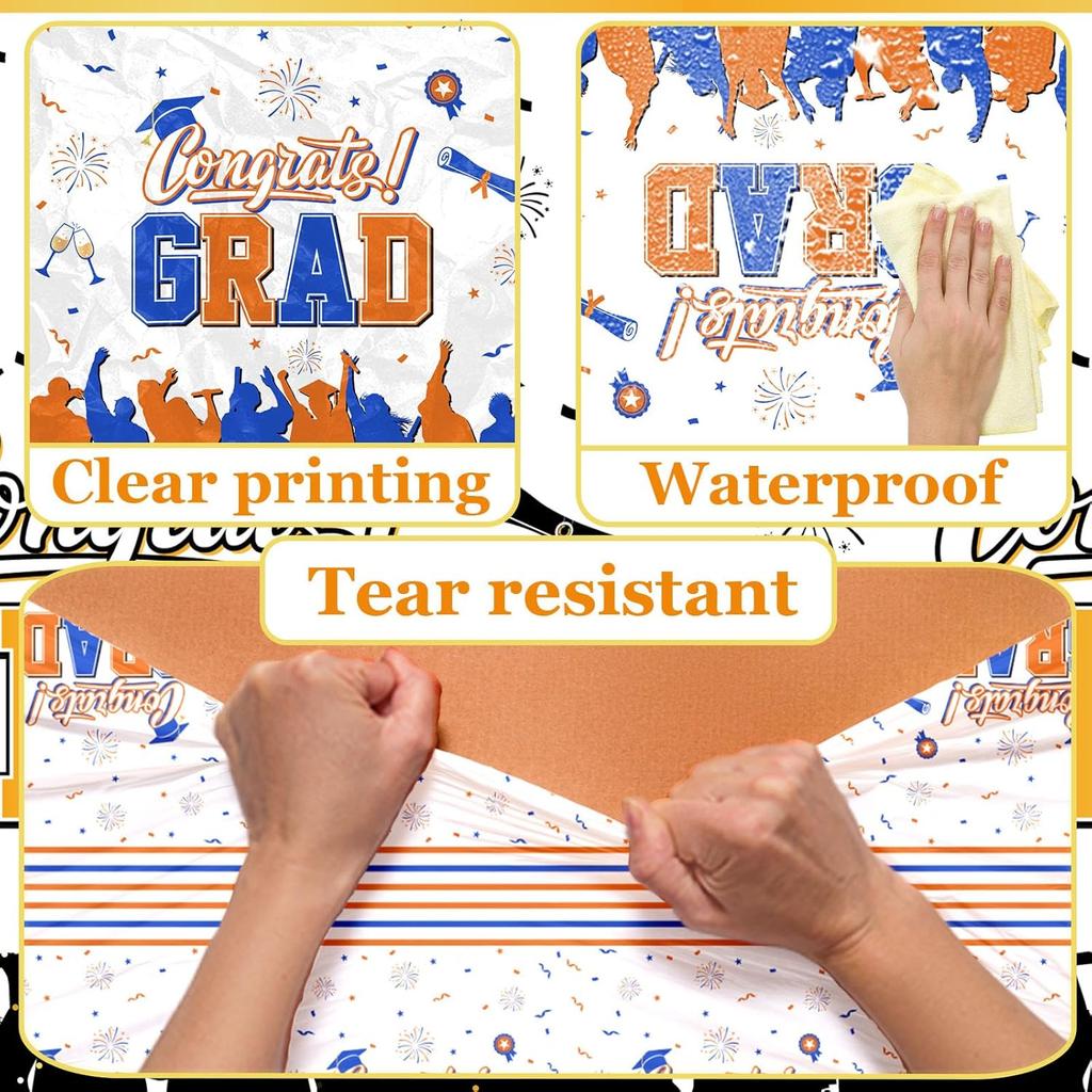CMUSKO Graduation Tablecloth, 3Pcs Orange and Blue Graduation Decorations Rectangular Tablecloth, Congrats Grad Table Cover Decorations for Class of