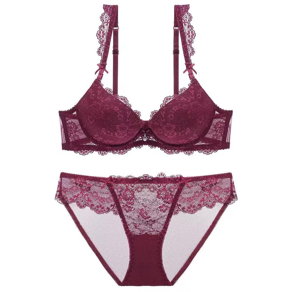Set Reggiseno Push-Up Sexy in Pizzo Europeo, Set Lingerie a Coppa Sottile Sopra e Spessa Sotto, Raccoglie il Grasso Laterale e Solleva il Seno per Donne con Seno Piccolo