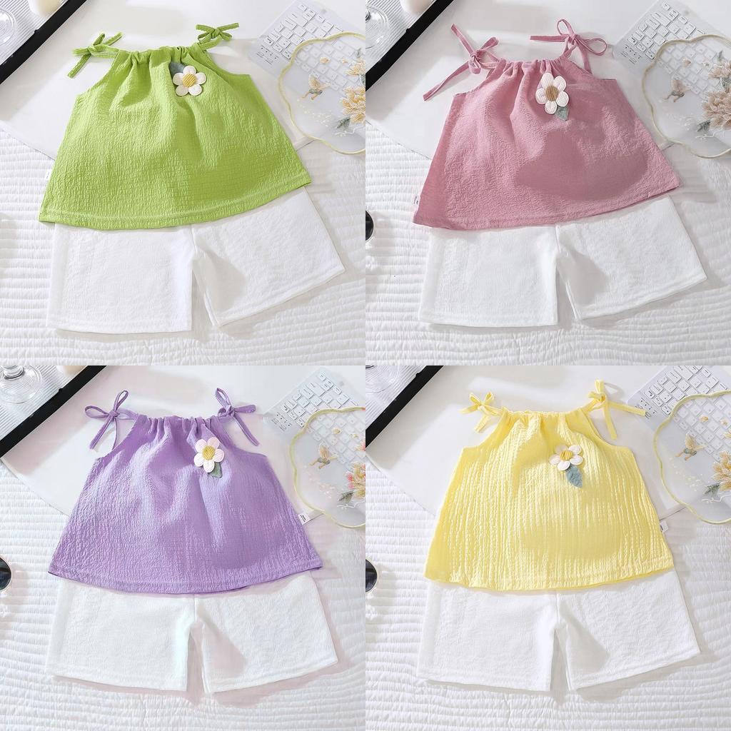 Summer Girl Floral Sleeveless Twopiece Set With Soft Polyester Fabric For Kids