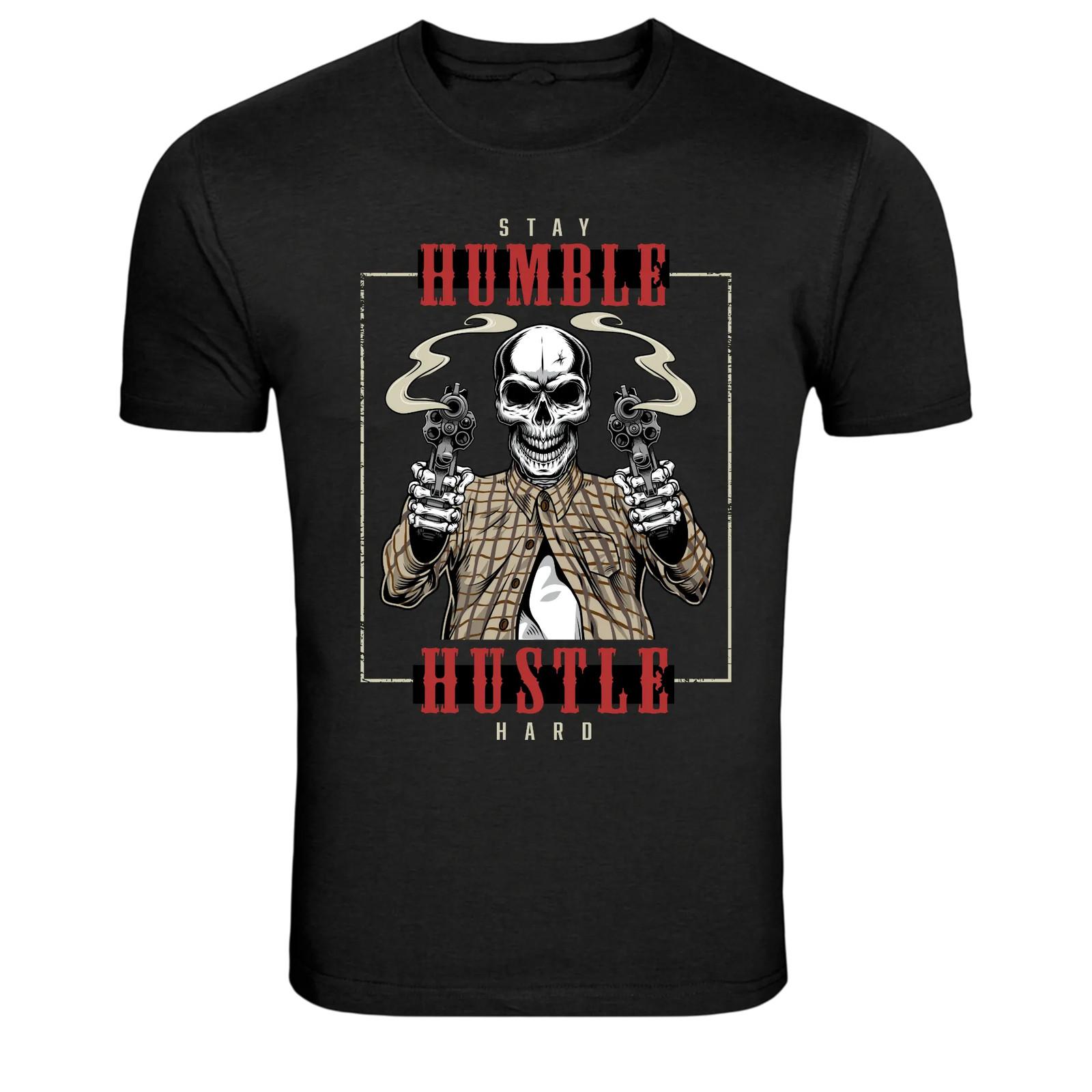 Stay Humble Hustle Hard Skull Guns Street Graphic T-Shirt L