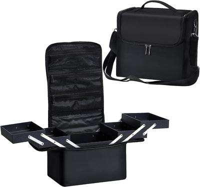 Large Capacity Cosmetic Storage Portable Makeup Storage Nail Cosmetic Box with Shoulder Strap for Travel Box, Box, Case, (Black)