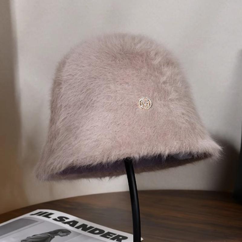 Korea Designer M Bucket Hat Woman Warm Plush Angola Rabbit Fur Hat Lady Autumn Winter Ins Fashion Basin Hat Retro Fluffy Panama