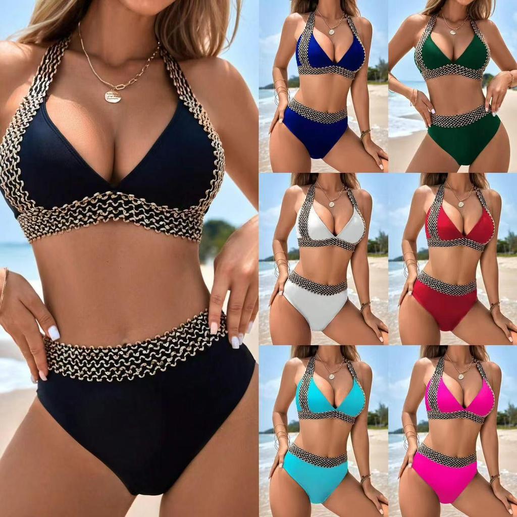 2025 Europäischer & Amerikanischer Sexy Bikini-Badeanzug für Damen mit geteiltem Rücken und ohne Rückenteil, einfarbig