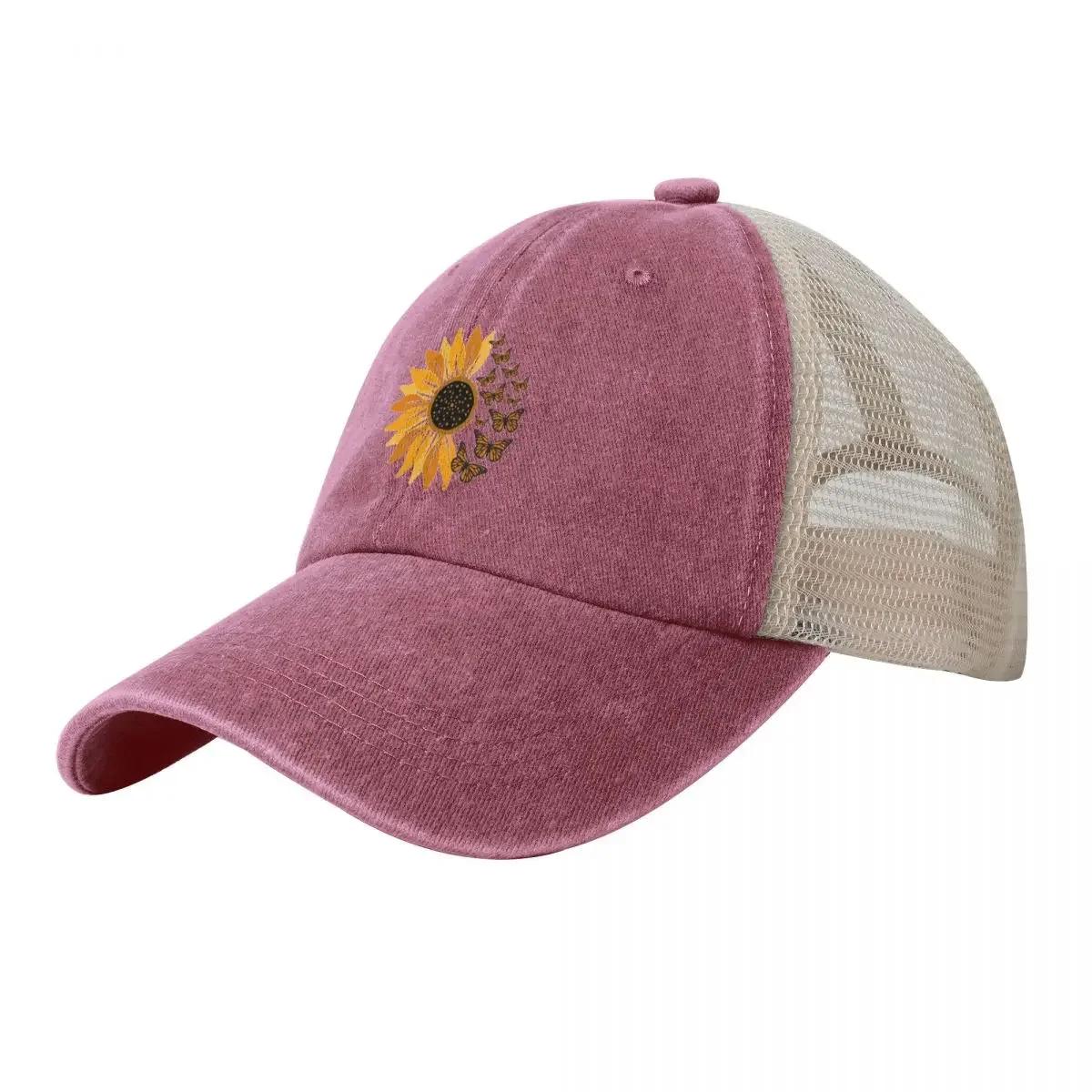sunflower art with butterfly Cowboy Mesh Baseball Cap fishing hat Military Tactical Cap Sun Hats For Women Unisexs
