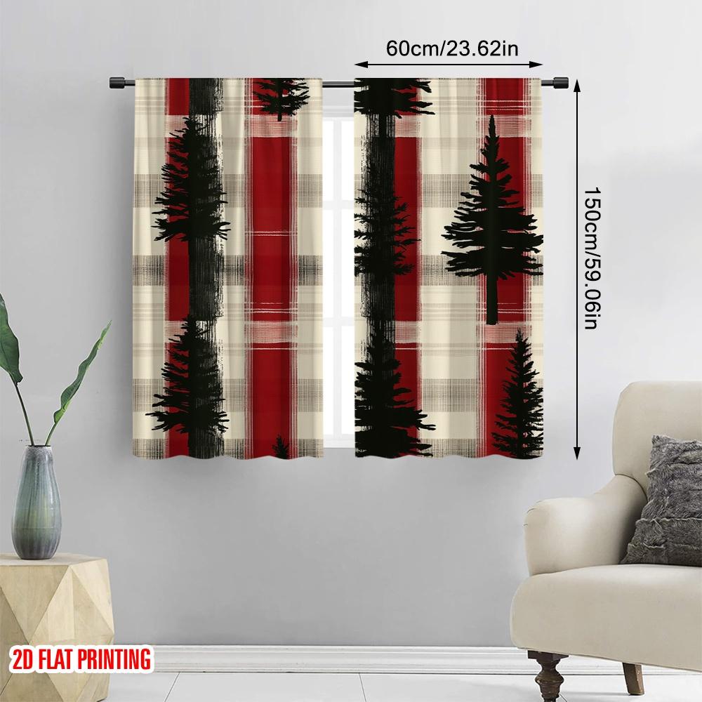 2 Stück, 2D-Flachdruck Vorhänge Digital bedruckte Weihnachtsbäume Büffelkaro (2) Polyester Fabrik (ohne Stange) Festliches Ideal