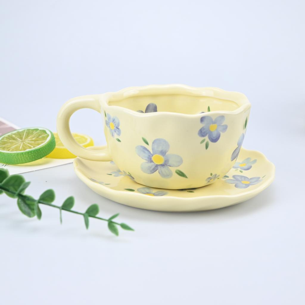 2PCS/Set High-end Coffee Cups And Saucers, High-value Ceramic Mugs, Business-style Latte Art Coffee Cups, Hand-pinched Cups